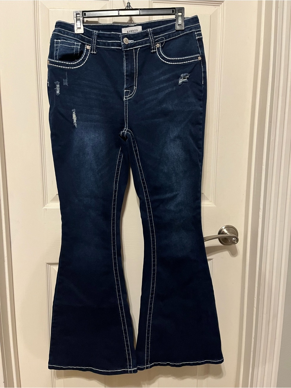 BAMBOO Dark Blue Flare Jeans with White Topstitching